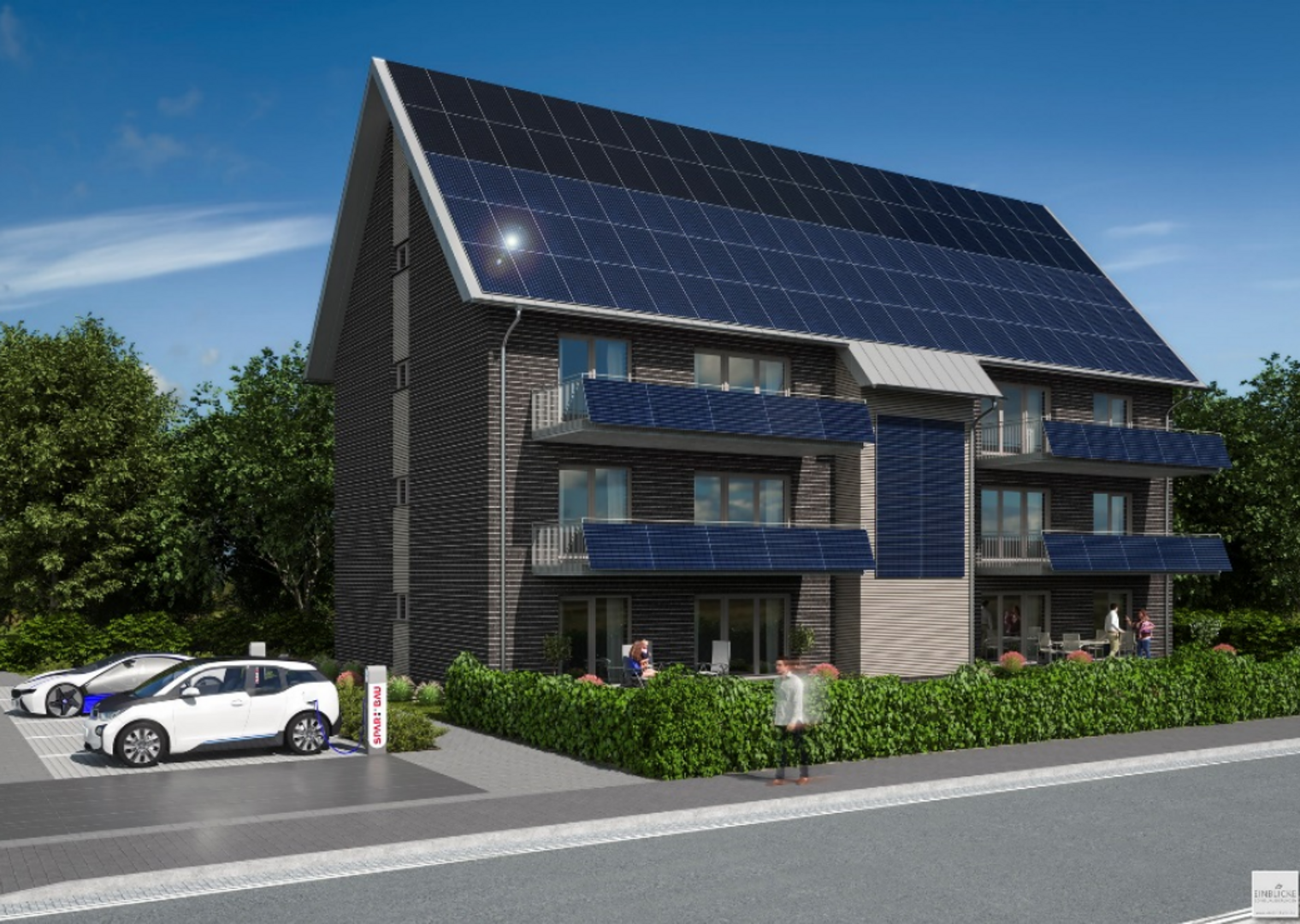 Computermodell in Farbe eines energieautarken Mehrfamilienhauses in Wilhelmshaven, mit Solartechnik auf Dach und Balkonen.