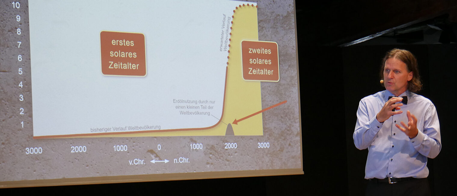 Timo Leukefeld hält Vortrag vor Leinwand mit Schaubild zu solaren Zeitaltern, Konzil Konstanz.