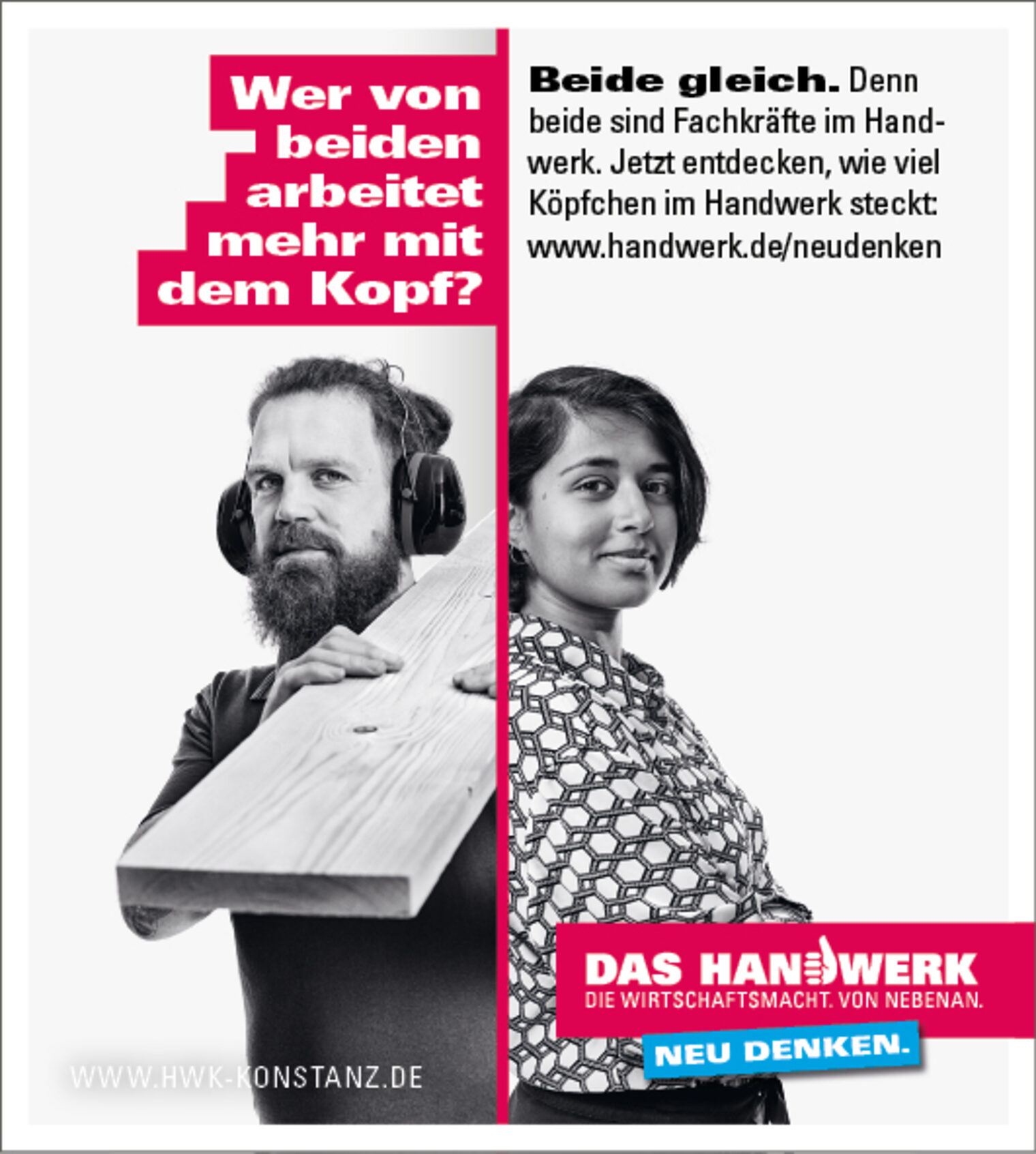 Anzeigenmotiv der Imagekampagne des deutschen Handwerks: Mann und Frau mit Spruch "Wer von beiden arbeitet mehr mit dem Kopf?"
