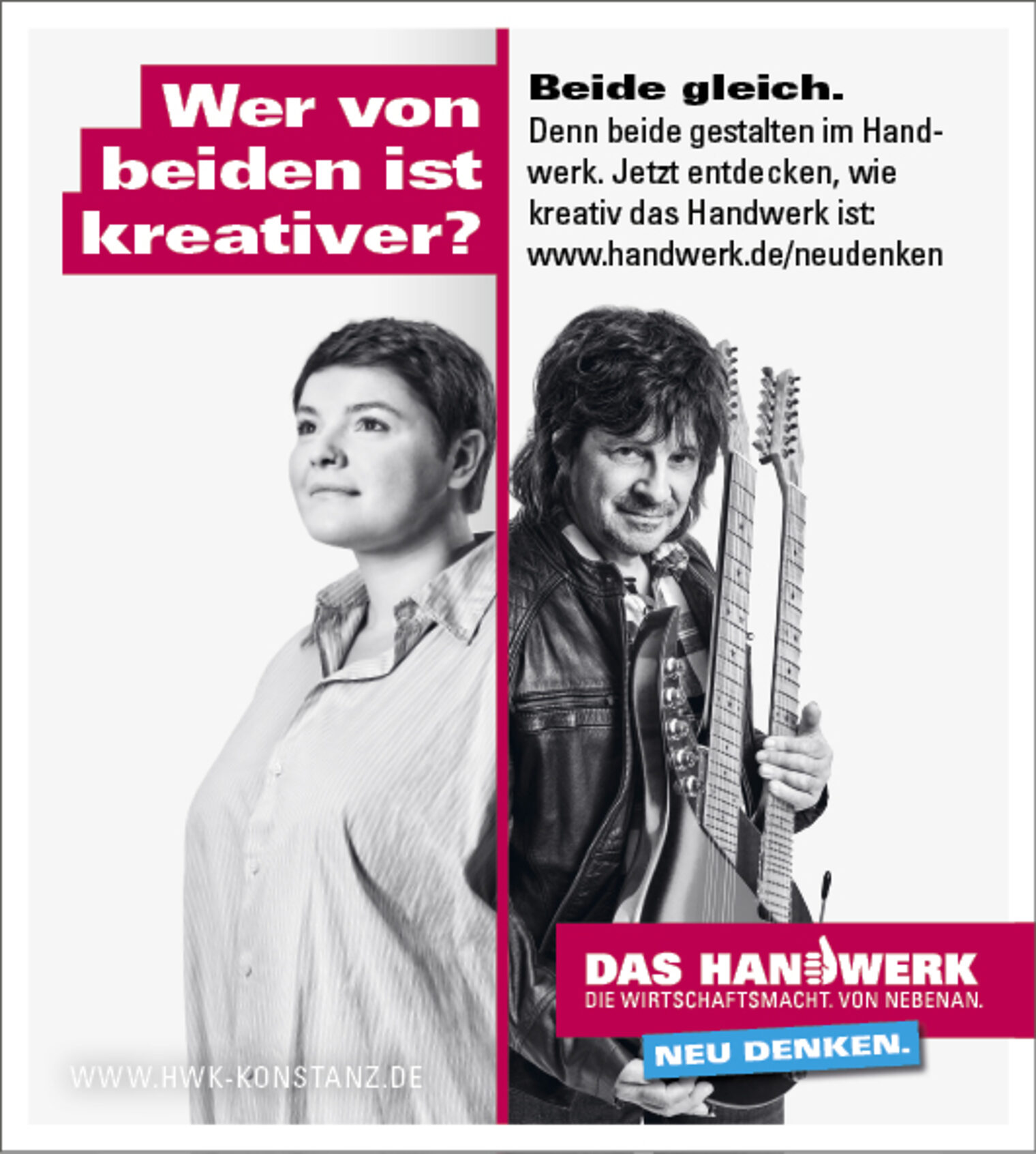 Anzeigenmotiv der Imagekampagne des deutschen Handwerks: Mann und Frau mit Spruch "Wer von beiden ist kreativer?"