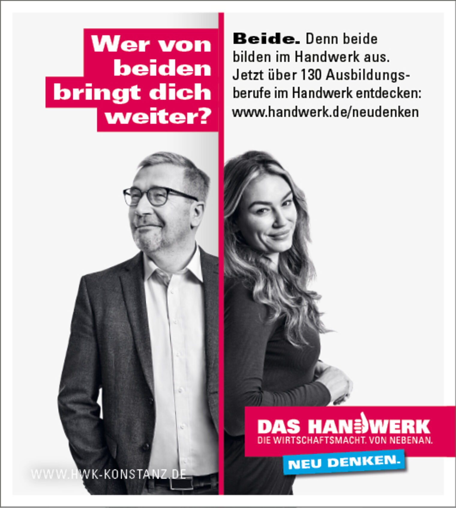 Anzeigenmotiv der Imagekampagne des deutschen Handwerks: Mann und Frau mit Spruch: "Wer von beiden bringt dich weiter?"