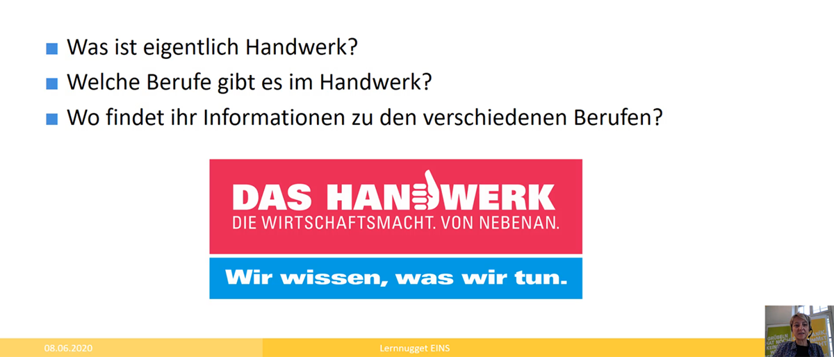 Maria Grundler führt mit vier Lern-Nuggets auf einer digitalen Infotour durchs Handwerk. Screenshot aus einem Lern-Nugget der digitalen Infotour durchs Handwerk.