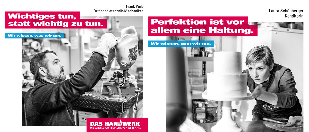 Frank Purk und Laura Schönberger wissen, was sie tun. Zwei der vier neuen Motive der Imagekampagne des deutschen Handwerks