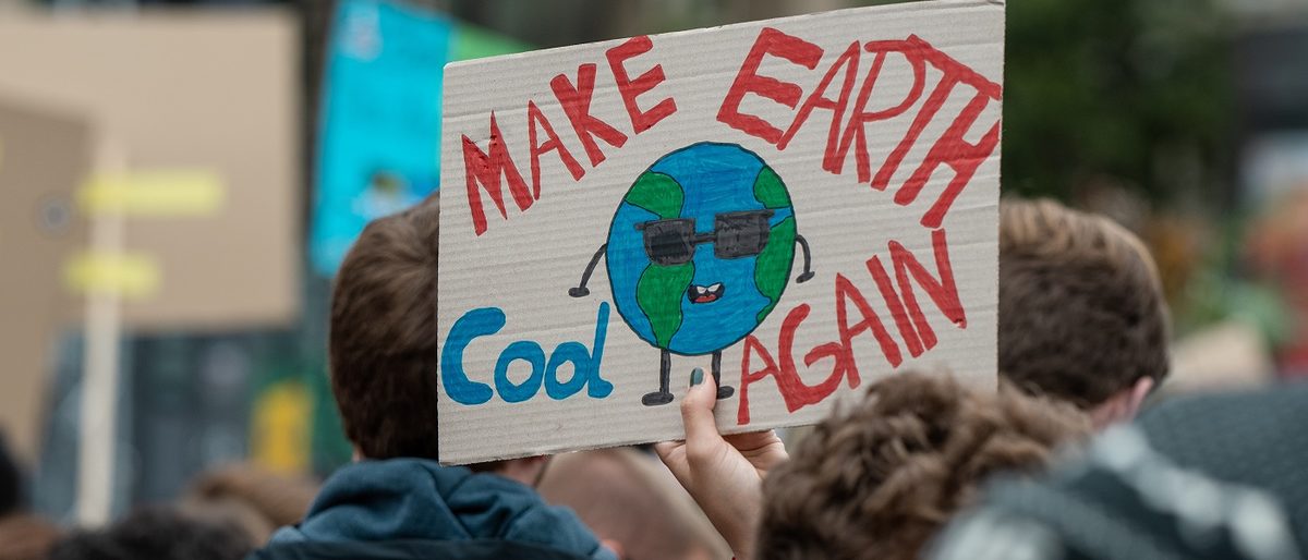 Nachhaltigkeit im Handwerk handgemaltes "Make Earth cool again"-Plakat mit Schüler-Köpfen von hinten (Fridays-for-Future)
