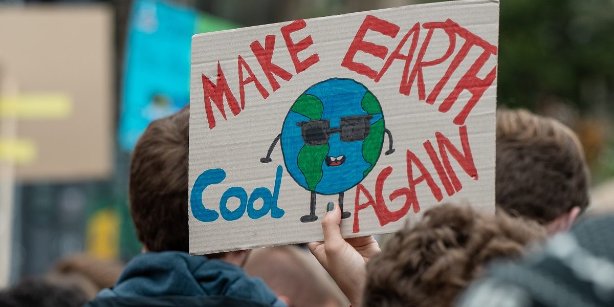 handgemaltes "Make Earth cool again"-Plakat mit Schüler-Köpfen von hinten (Fridays-for-Future)