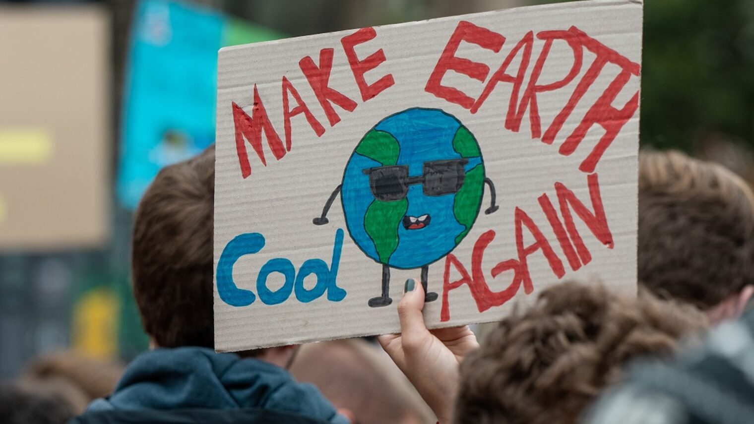handgemaltes "Make Earth cool again"-Plakat mit Schüler-Köpfen von hinten (Fridays-for-Future)