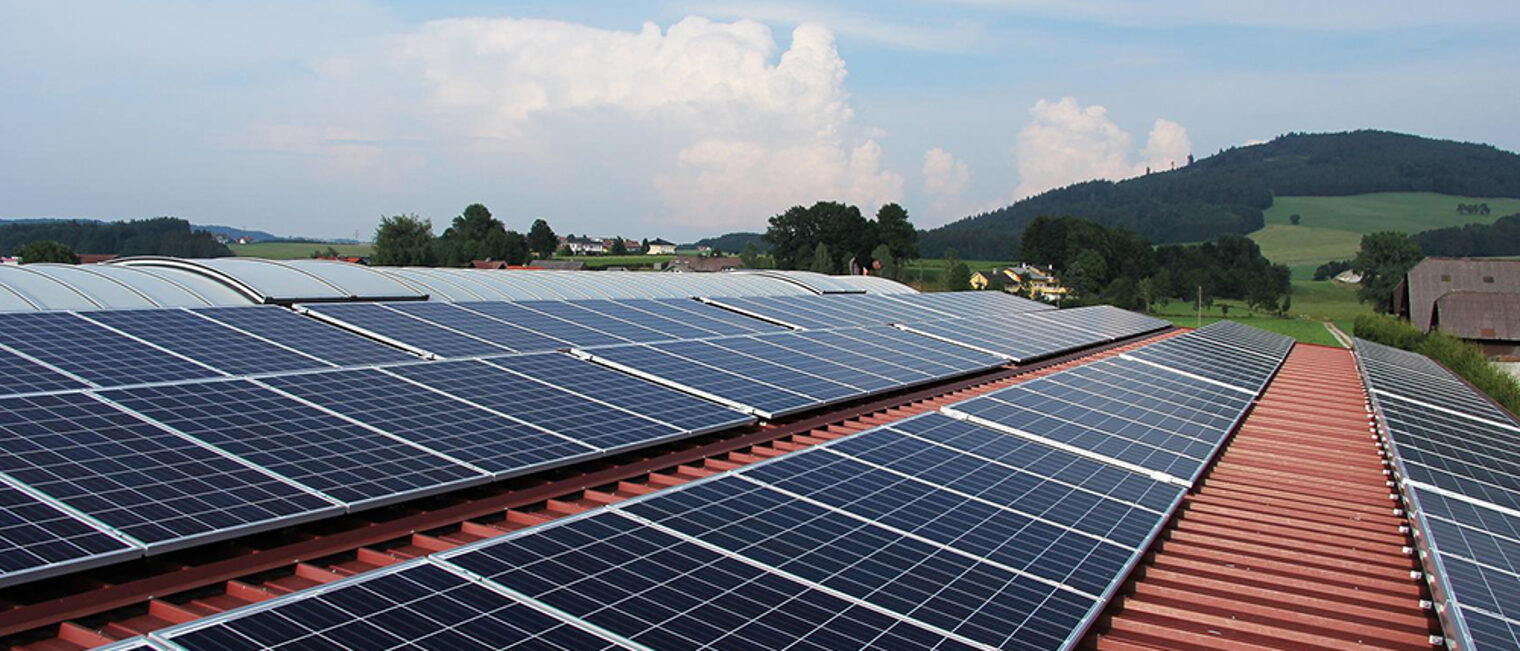 Web-Seminar Gründach und Photovoltaik Solarpaneele auf Dachziegeln, im Hintergrund grüner Hügel.