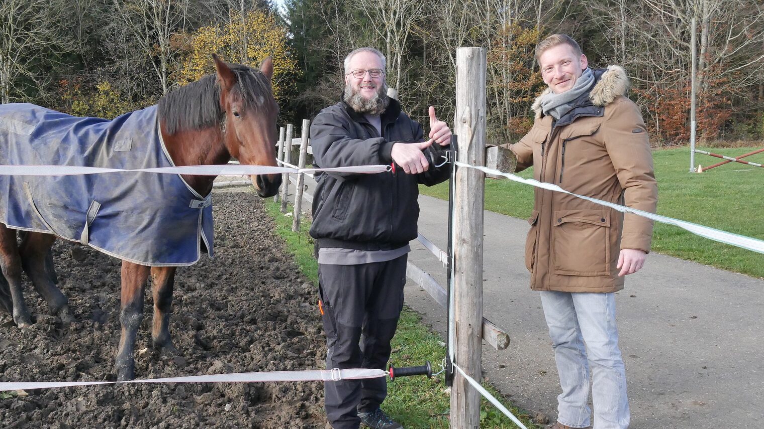 Ein Pferd und zwei Männer am Elektrozaun einer Pferdekoppel 