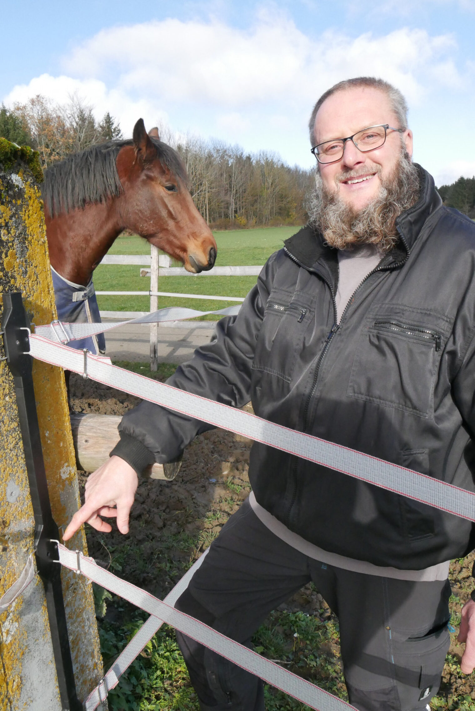 Ein Perdekopf und ein Mann an einem Elektrozaun