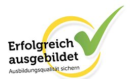 Logo von "Erfolgreich ausgebildet" mit gelbem Kreis und grünem Haken