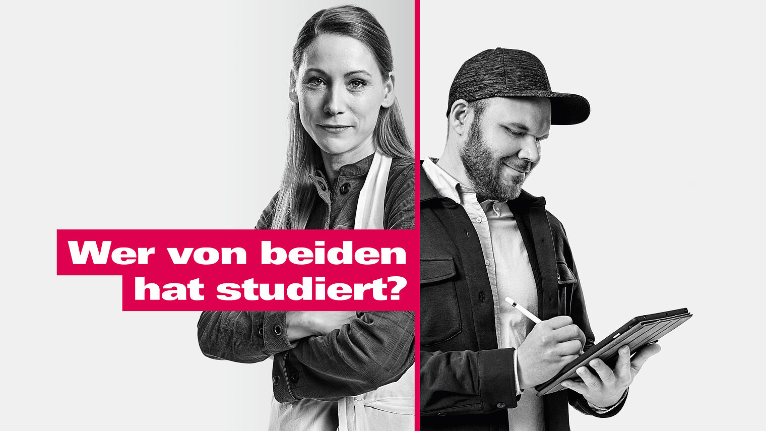 Motiv mit Mann und Frau aus der Imagekampagne des deutschen Handwerks und Schriftzug: "Wer von beiden hat studiert?"