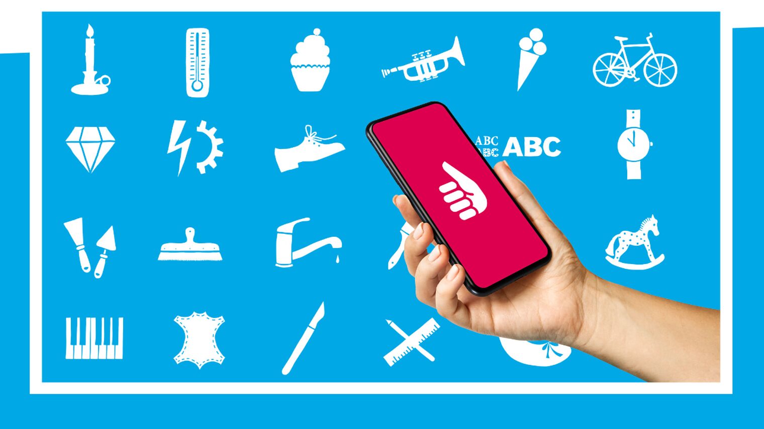Screenshot der Webseite Berufe-Checker von handwerk.de: Viele Berufs-Icons und Hand mit Handy.