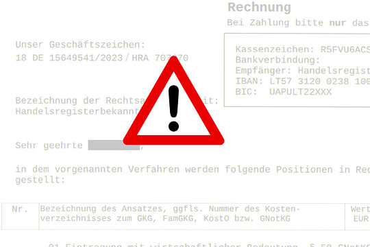 Beispiel einer Fake-Rechnung vom Amtsgericht mit Warnschild