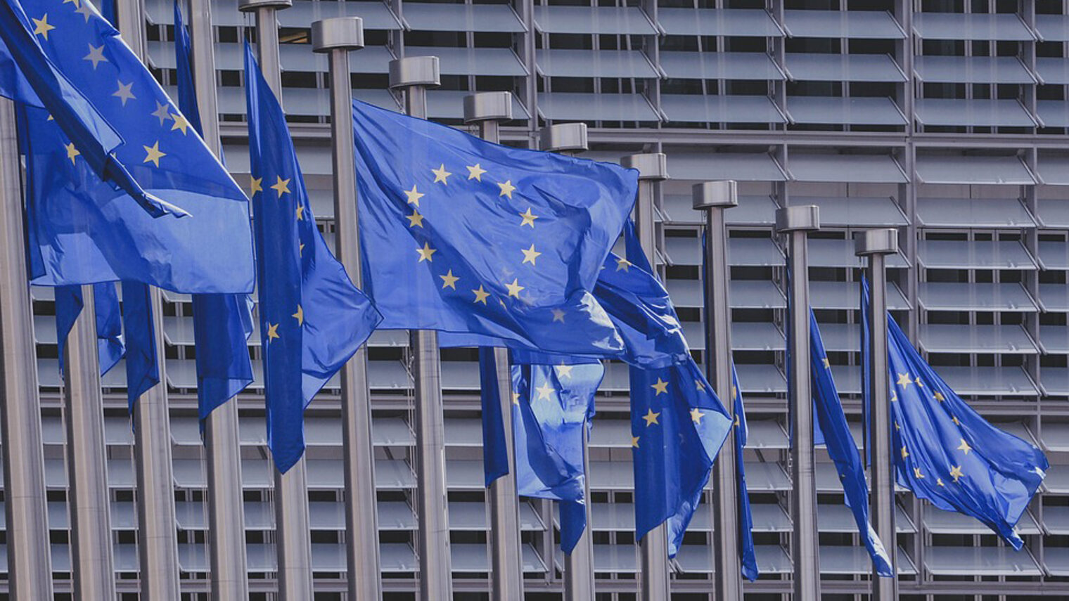 Europa-Flaggen an Fahnenmasten vor dem Europäischen Parlament