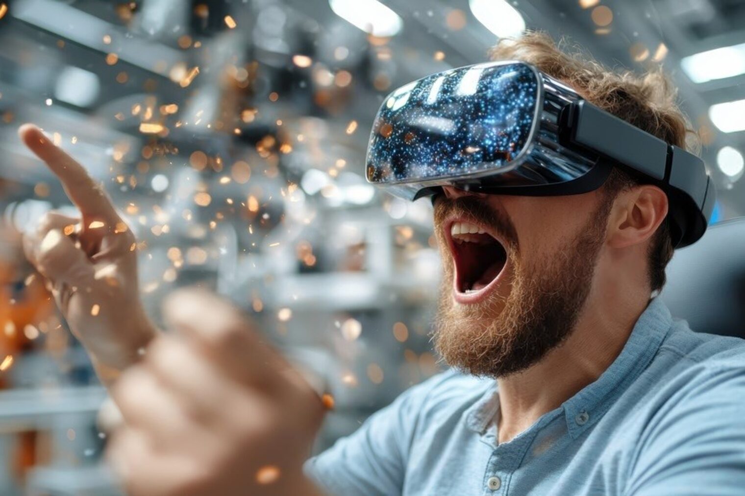 Mann mit VR-Brille und mit vor Begeisterung geöffnetem Mund.