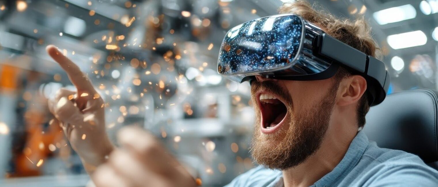 Mann mit VR-Brille und mit vor Begeisterung geöffnetem Mund.