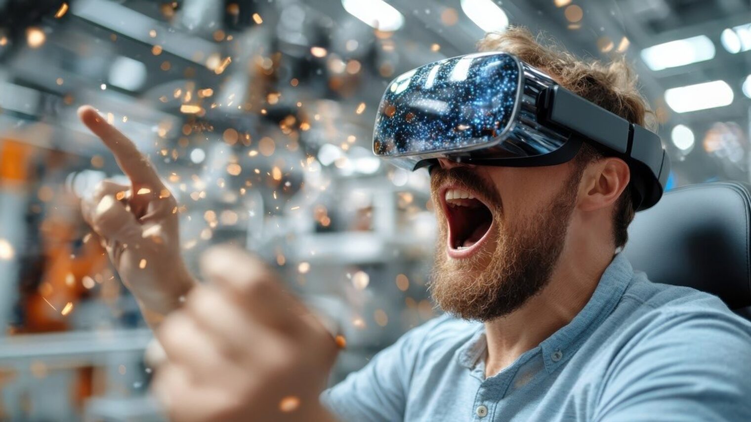 Mann mit VR-Brille und mit vor Begeisterung geöffnetem Mund.
