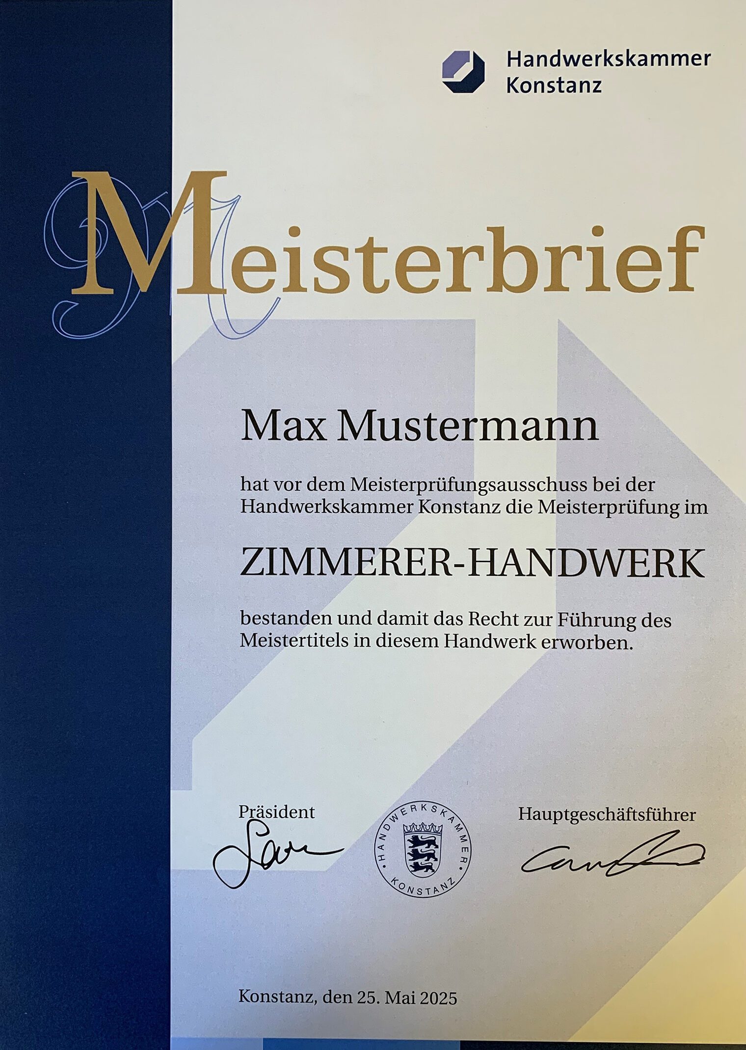 Schmuckmeisterbrief der Handwerkskammer Konstanz.