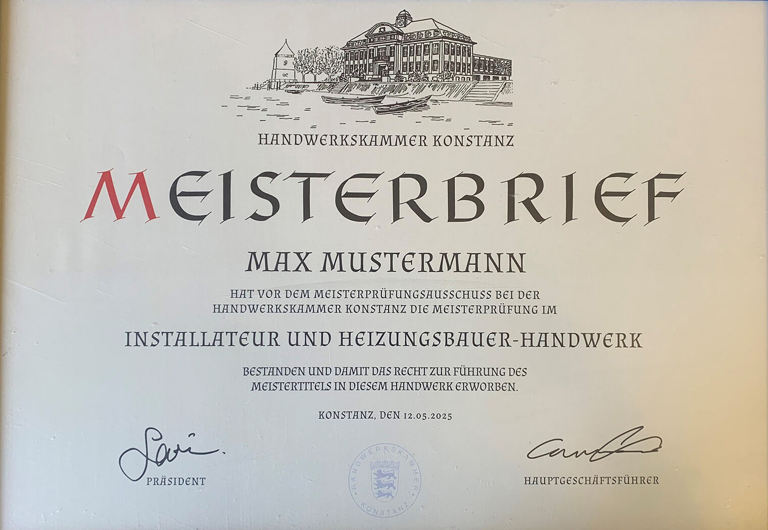 Traditioneller Meisterbrief der Handwerkskammer Konstanz.