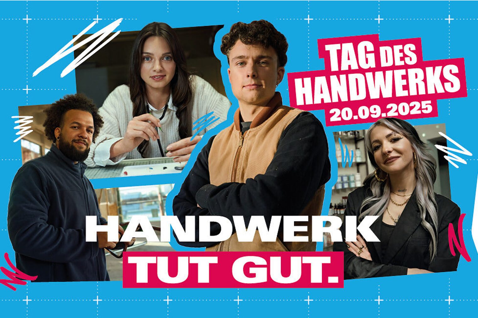 Plakat zum Tag des Handwerks mit drei jungen Handwerkern und Slogan Handwerk tut gut
