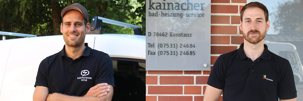 Links der Gründer: Vor einem Jahr hat sich Elektrotechnikermeister Philipp Rothe selbständig gemacht. "Es war einfacher als gedacht", sagt er heute. Rechts der Unternehmer: Installateur- und Heizungsbauermeister Daniel Sommerfeld ist in große Fußstapfen getreten und richtig vorwärts gekommen.