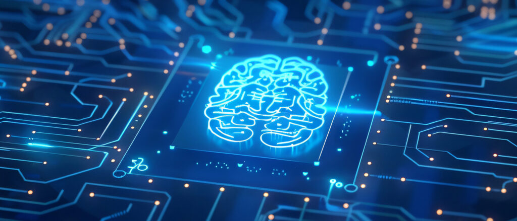 Digital stilisiertes Gehirn auf einem Mikrochip.