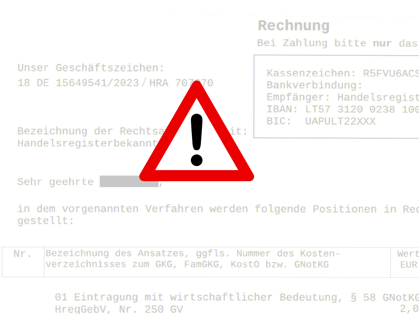Muster für gefälschte Rechnung mit geschwärzten Stellen und Vorfahrt beachten Schild im Vordergrund.