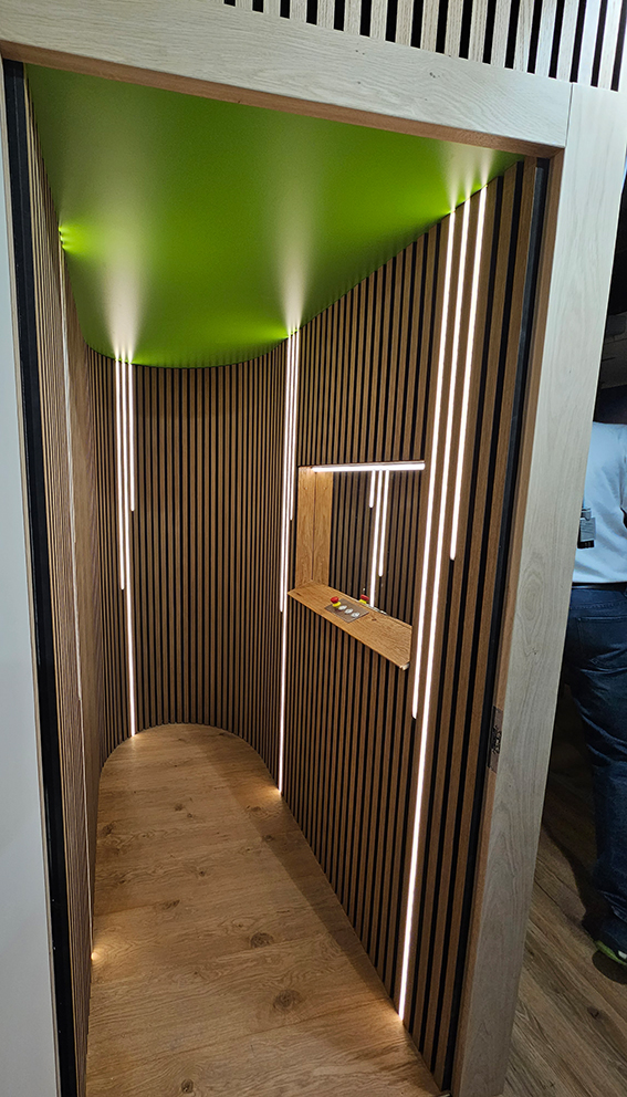 Individuelle Ausführung des Lifts mit grüner Decke und Wandbeleuchtung.