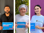 Collage zum Tag des Handwerks mit drei neuen Azubis, die Schilder mit der Aufschrift Hier startet Zukunft und Willkommen im Handwerk in den Händen halten.