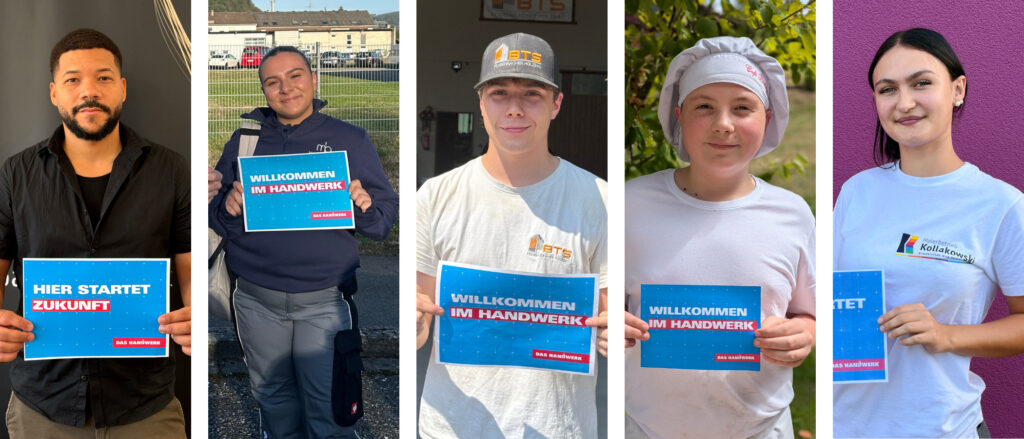 Collage zum Tag des Handwerks mit drei neuen Azubis, die Schilder mit der Aufschrift Hier startet Zukunft und Willkommen im Handwerk in den Händen halten.